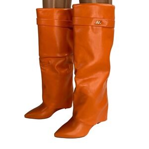 Azalea Wang Melina Tall Slouch Boots Pointed Toe Orange Wedge Heel Size 7.5